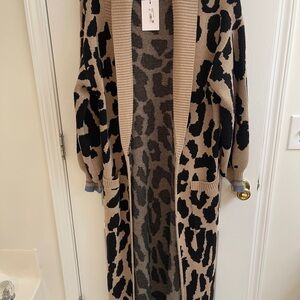 Sugarlips City Girl Leopard Print Patch Pocket Open Front Duster Cardigan